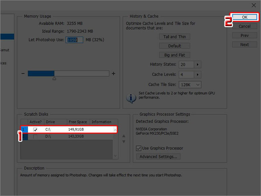Tại mục Scratch Disks hãy chọn ổ đĩa bạn muốn dùng