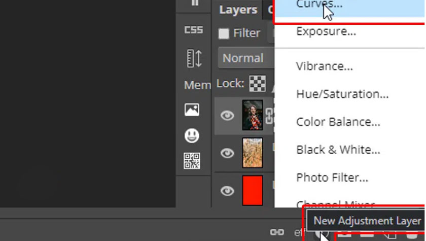 chọn New adjustment layer rồi chọn Curves