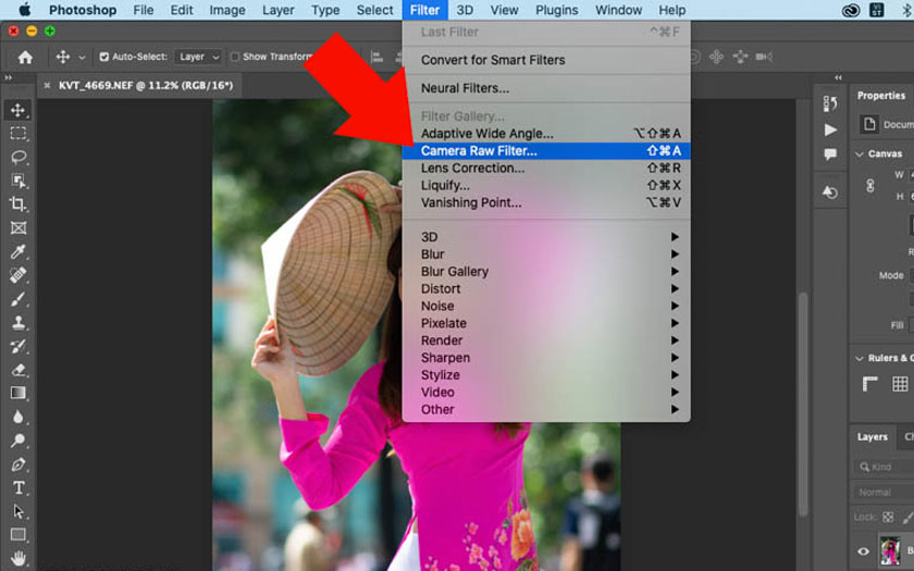 chọn Camera Raw Filter hoặc dùng phím tắt Ctrl+Shift+A