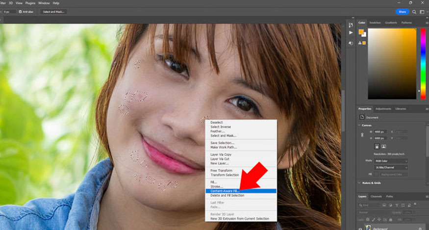 chọn Content Aware Fill hoặc có thể dùng Delete and Fill Selection phía dưới
