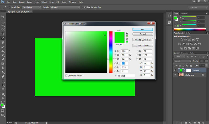 trong bảng Color Picker chọn màu xanh lá rồi nhấn Ok