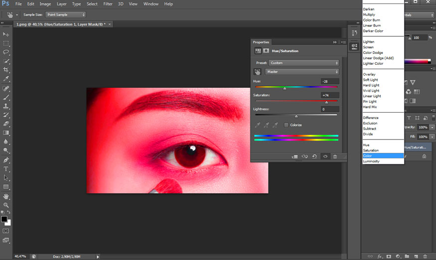 nhấn vào Blending Mode rồi chọn Color