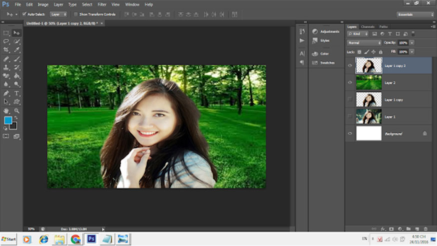 ghép background mới sau khi tách tóc trong photoshop bằng refine edge