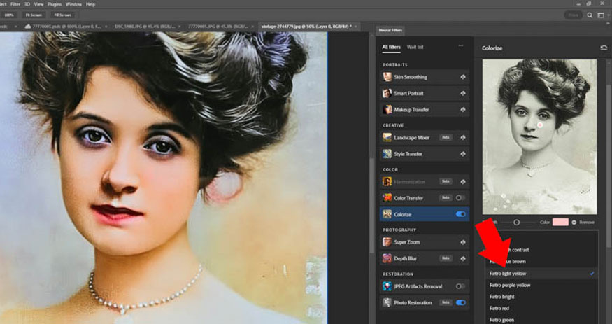 gạt công tắc sang phải để giúp cho photoshop chuyển ảnh đen trắng thành ảnh màu