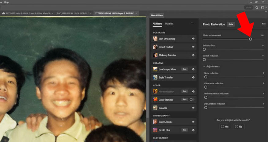 gạt công tắc Photo Restoration sang phải