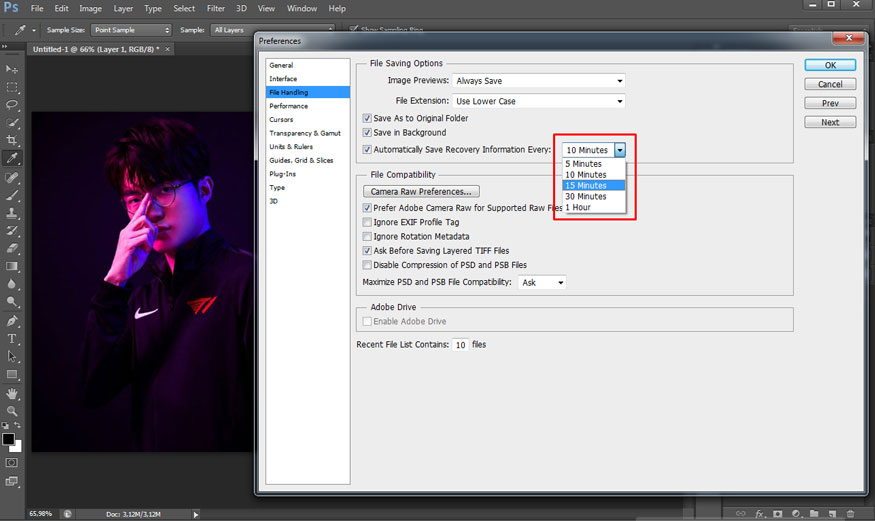 lựa chọn chu kỳ mà phần mềm Photoshop tự động lưu