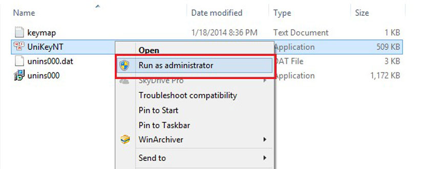 thiết lập khởi động phần mềm Unikey ở chế độ Administrator