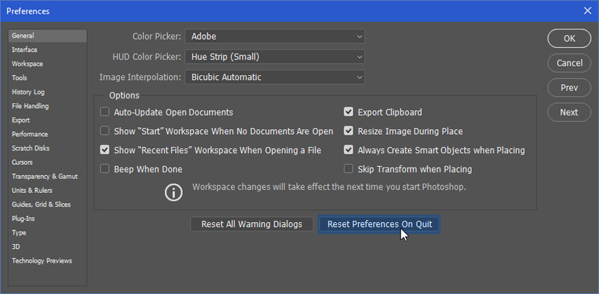 vào General => Reset preferences on Quit => nhấn OK