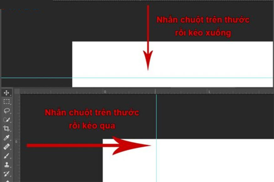 nhấn chuột trái vào thanh thước ngang sau đó di chuyển chuột xuống phía dưới