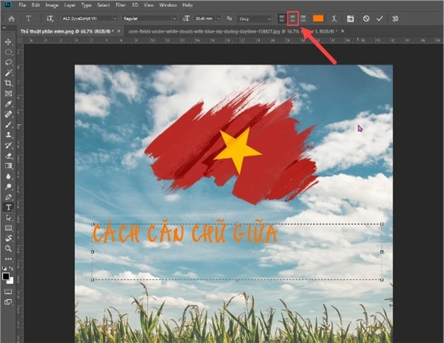 chọn Center Text nhằm căn đều chữ trong photoshop