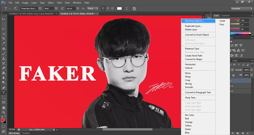 Nhấn chuột phải vào layer text sau đó chọn Blending Option. 