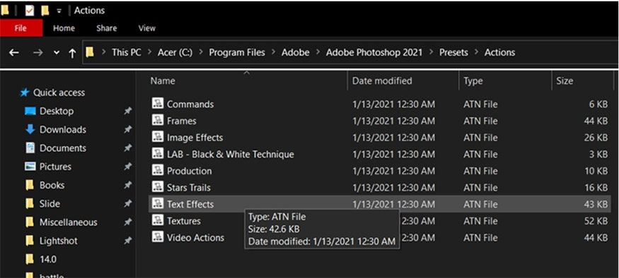 Sao chép file actions (.atn) 