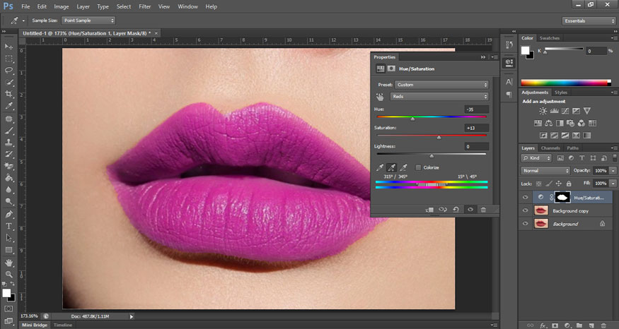 kéo thanh trượt Saturation để màu môi trở nên đậm hơn
