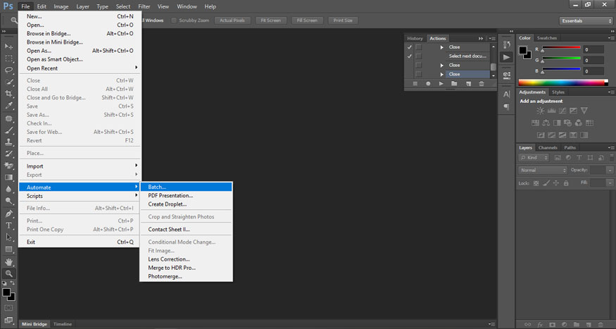 chọn File => Automate => Batch