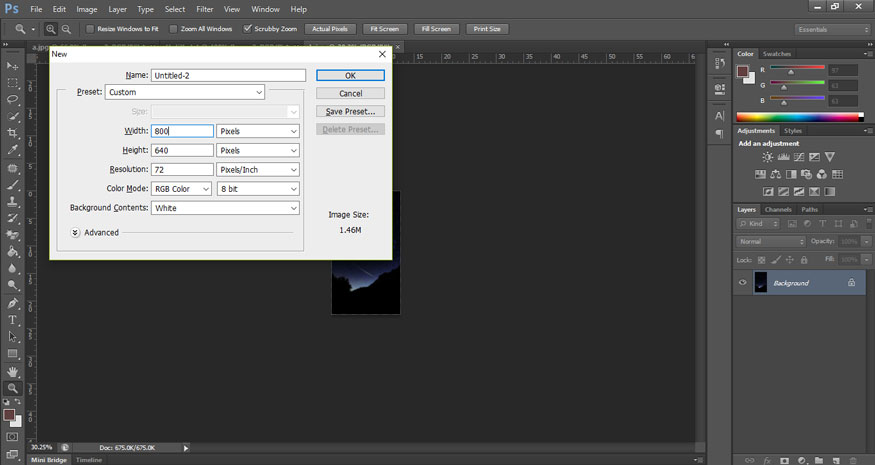 Mở Photoshop lên sau đó nhấn tổ hợp Ctrl + N (Windows) hoặc Command + N (macOS)