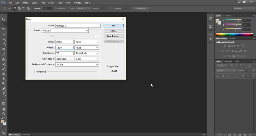 tạo một tài liệu làm việc mới trên Photoshop