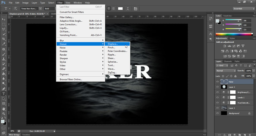 chọn FIlter trên thanh menu => Distort => Displace…