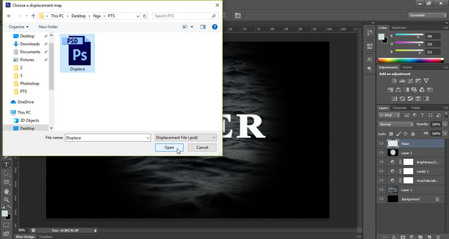 chọn file PSD Displace mới lưu lúc nãy rồi nhấn Open.