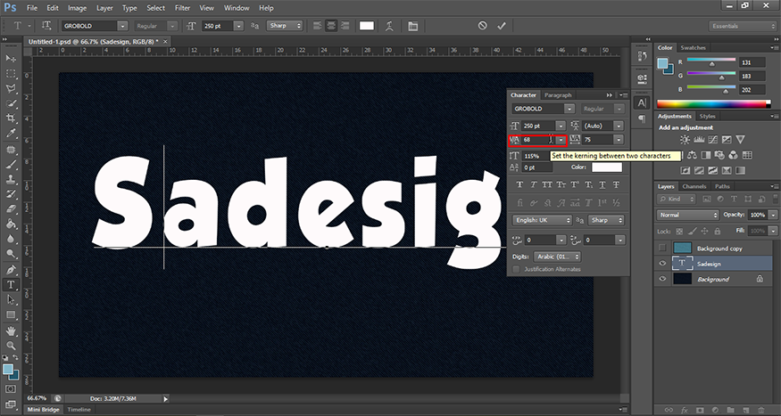 chọn Type Tool rồi click vào giữa chữ “S” and “a”, rồi chỉnh lại the Kerning là 68