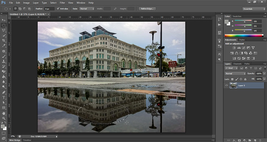 khoanh vùng chọn vào bức ảnh tại vùng muốn tạo gợn nước trong Photoshop