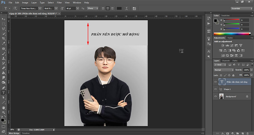 nhận được bức ảnh mở rộng nền trong Photoshop hướng lên phía trên