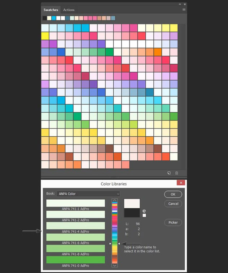 mở thư viện màu trong bảng Swatches
