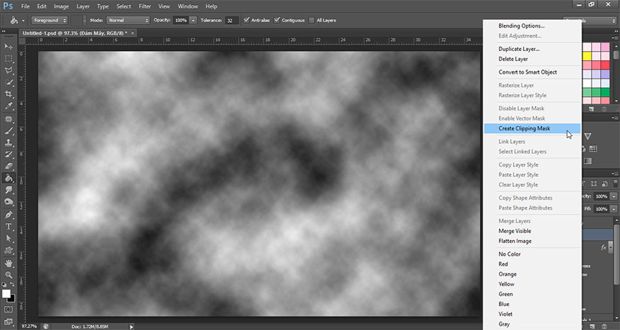 Nhấp chuột phải vào layer Đám Mây và chọn Create Clipping Mask