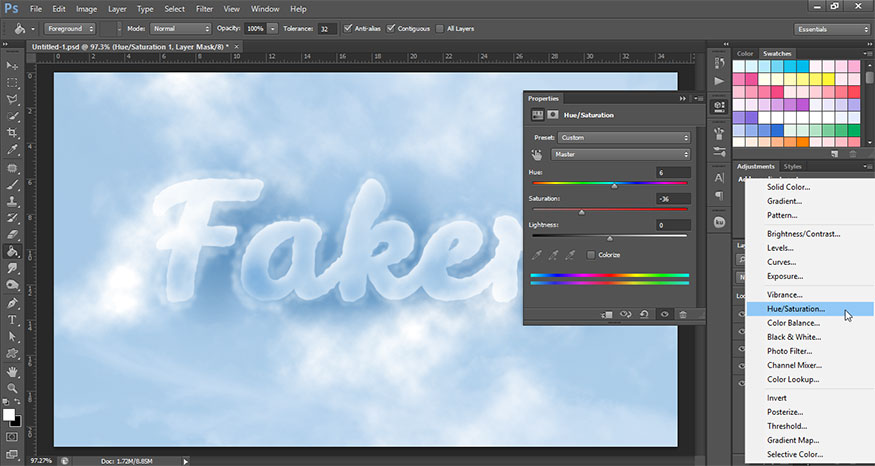 Chọn Create new fill or Adjustment layer rồi chọn Hue/Saturation