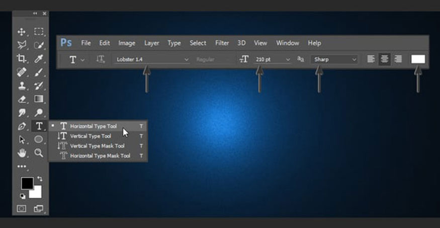 chọn Horizontal Type Tool (T) với các cài đặt
