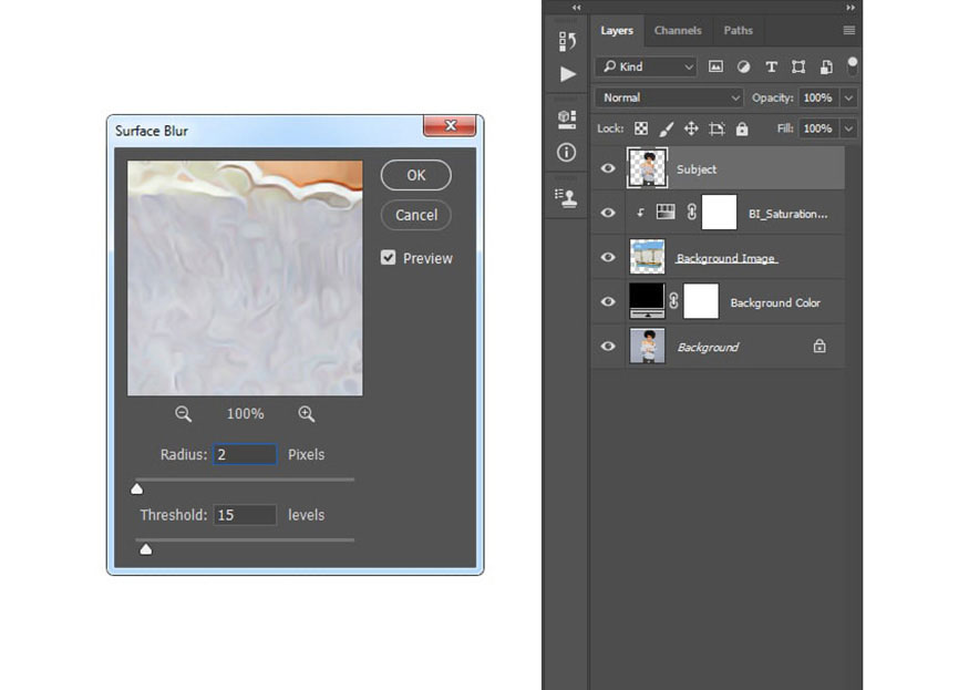 Surface Blur, và đặt Radius thành 2 px và Threshold là 15.