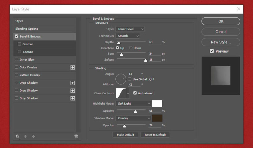 Trong bảng Layer Style hãy chọn Bevel & Emboss