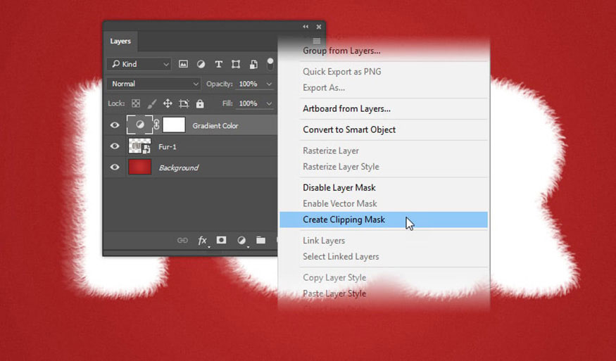 Nhấp chuột phải vào layer Gradient Color và chọn Create Clipping Mask 
