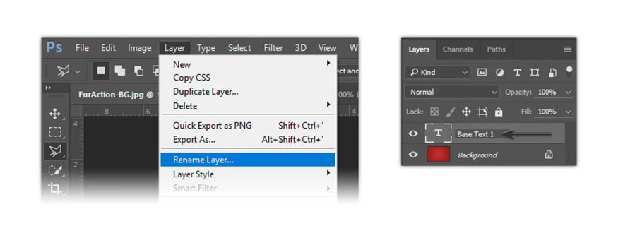 Rename Layer... và đổi tên thành Base Text 1.