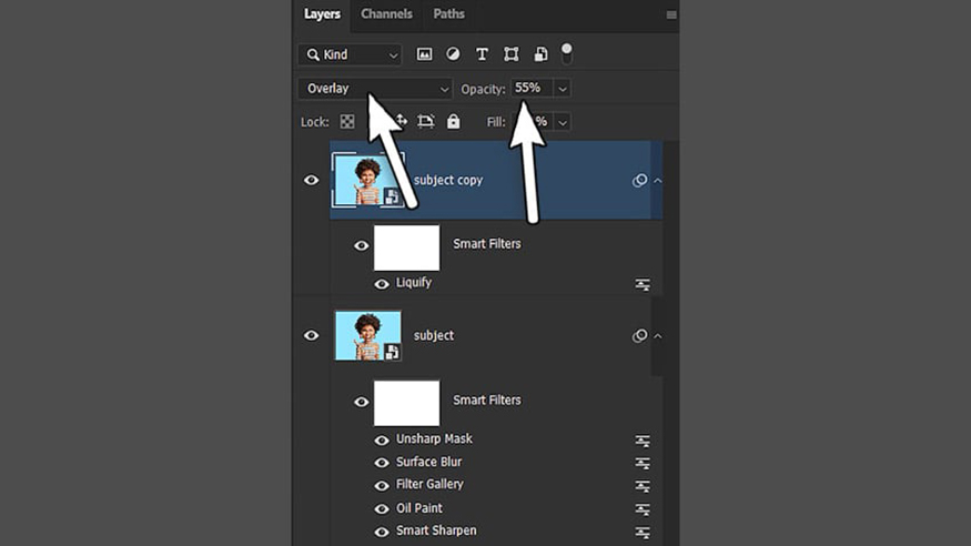Bỏ ẩn layer Smart Object thứ hai và chọn Blending mode Overlay