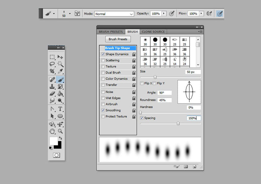 Dùng công cụ Brush Tool và chọn Soft Round Brush