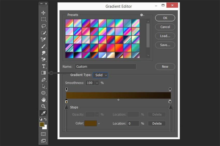 Chọn Gradient Tool (hoặc nhấn G)
