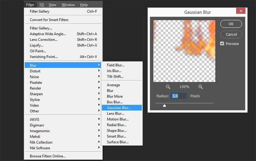 vào Filters => Blur => Gaussian Blur và đặt bán kính thành khoảng 3 px.