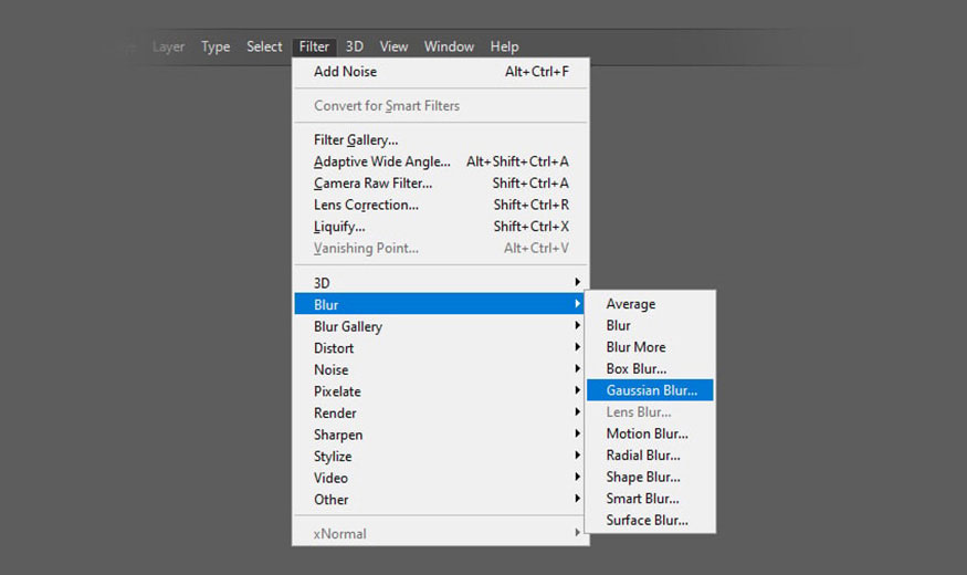 Gaussian Blur ở thanh menu trên cùng