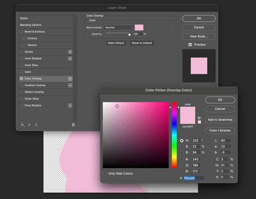áp dụng Color Overlay với mã màu #F0BCD4.