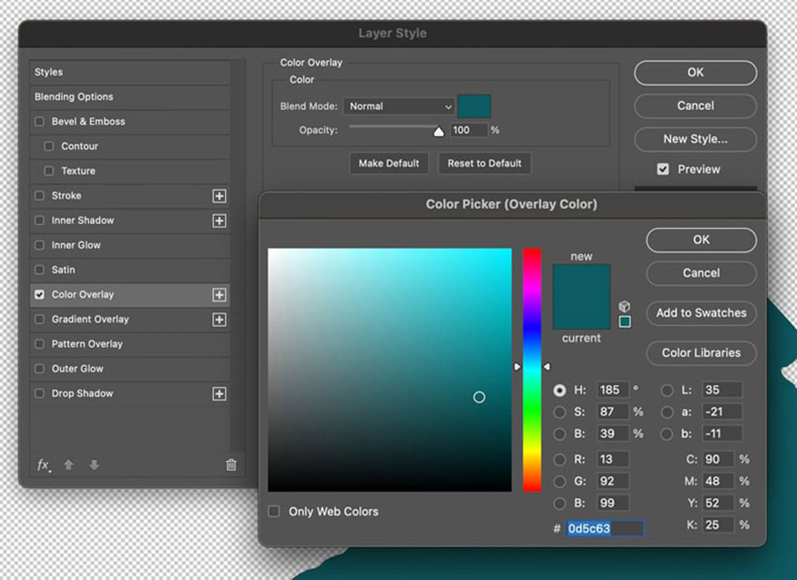 áp dụng Color Overlay mã màu #0D5C63
