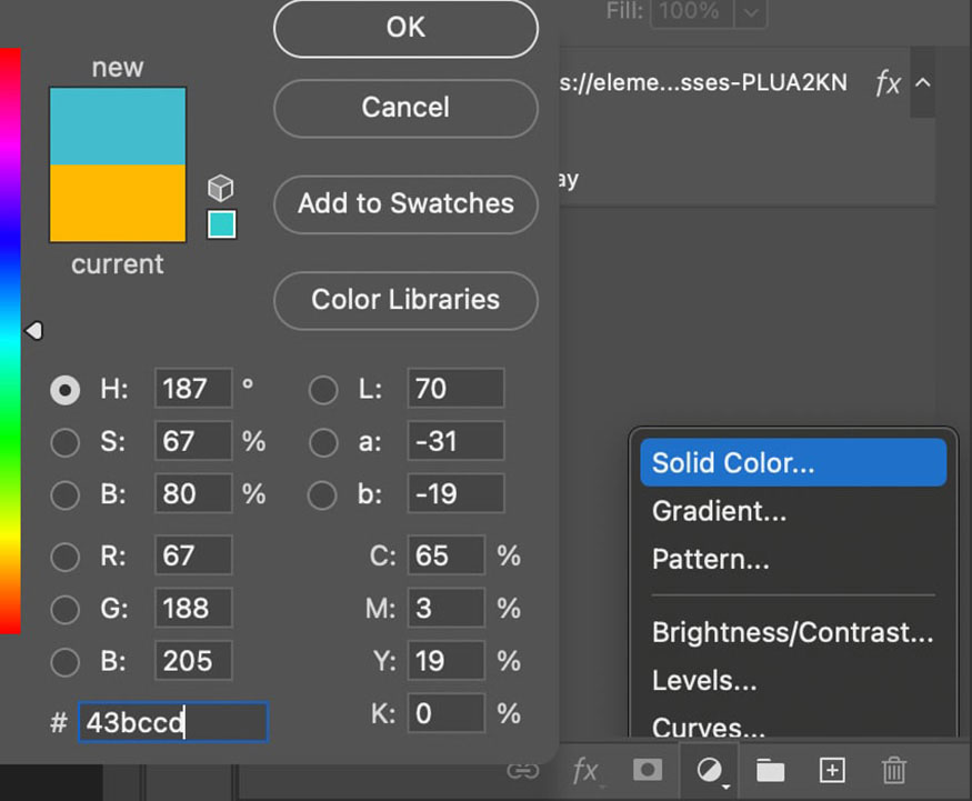 Tạo một layer Solid Color mã màu #43BCCD
