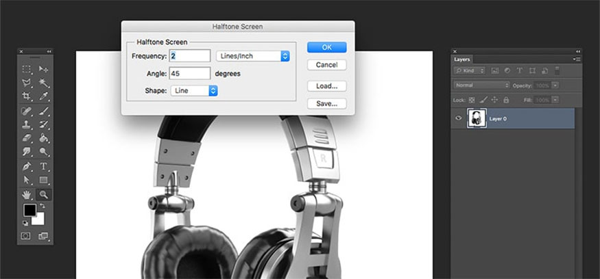 cửa sổ tùy chọn Halftone Screen