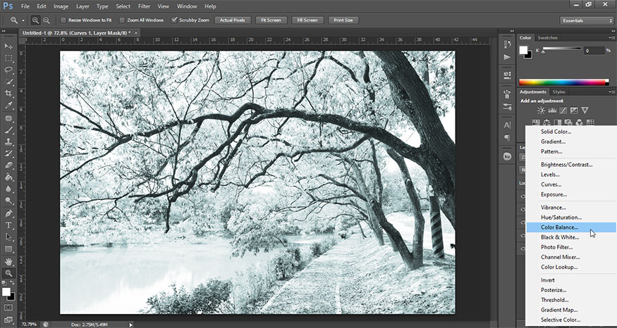 chọn Create new fill or adjustment layer, chọn Color Balance.