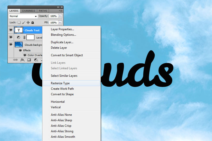 Nhấp chuột phải vào layer Clouds Text và chọn Rasterize Type . 