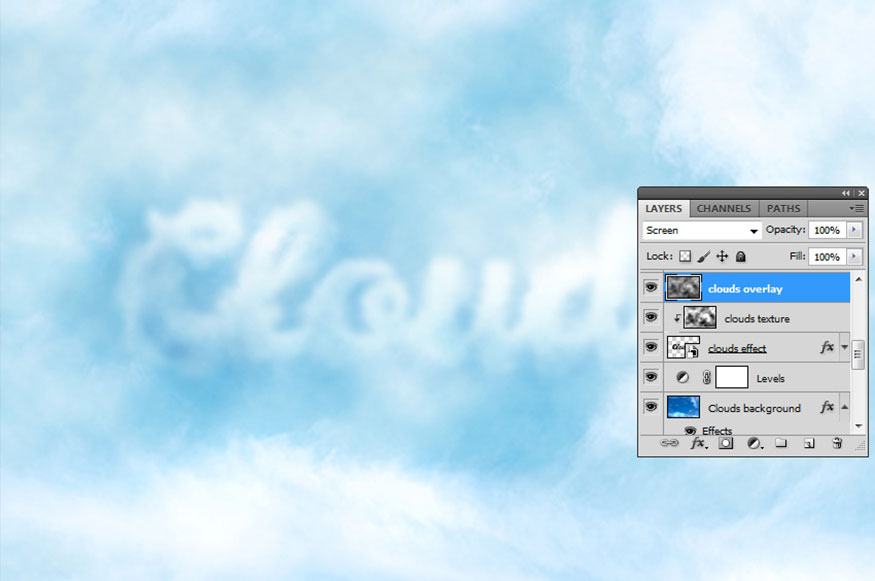 Mở layer Clouds Overlay lên sau đó đặt blend mode của nó là Screen