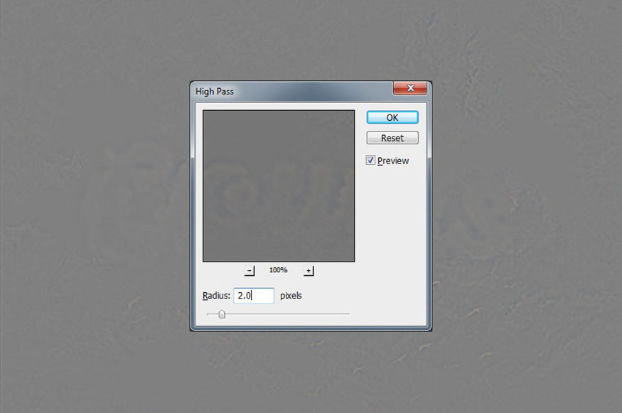 hộp thoại High Pass hãy set Radius thành 2 pixels