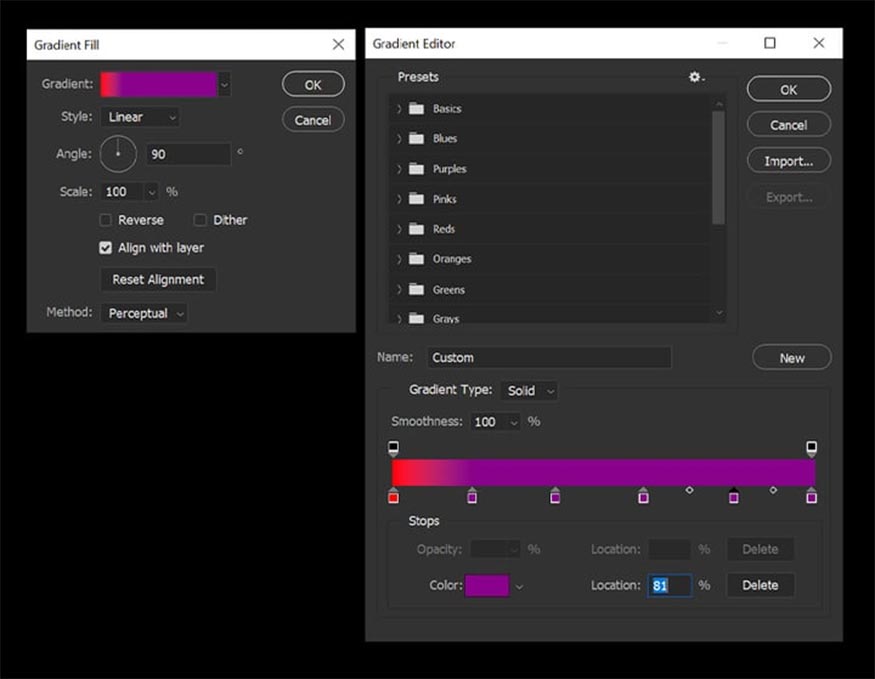 Nhấn chuột ngay bên dưới của hộp thoại gradient