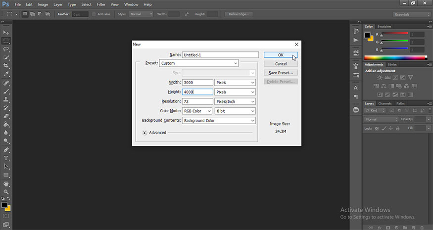 create a new document in photoshop