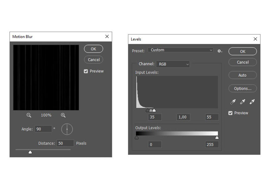 Motion Blur and set Angle to 90° and Distance to 50 px