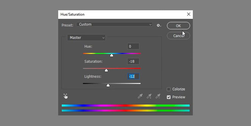 chọn Image => adjustmentments => Hue/Saturation rồi thay đổi Saturation thành -18